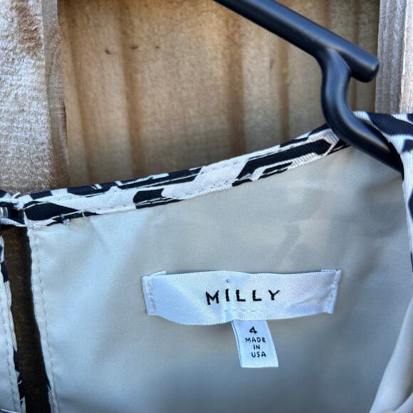 Milly Holly Chain-Print Bell-Sleeve Top Black White Long Sleeve Blouse 4 Small - Picture 7 of 10